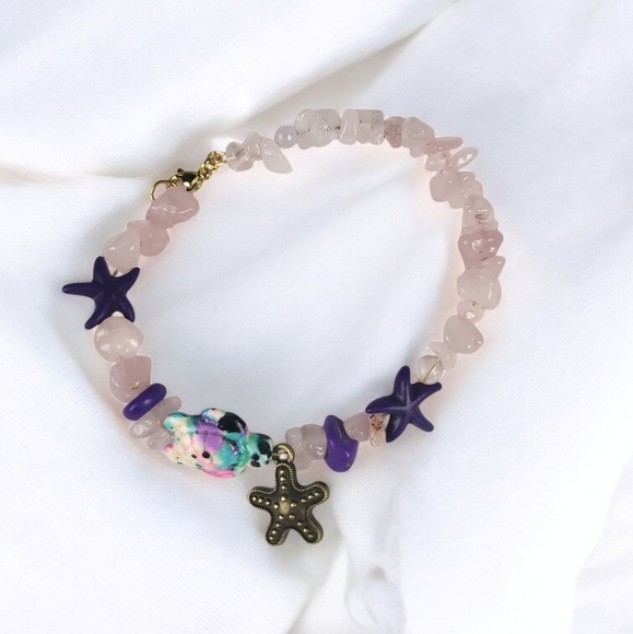 Pink Quartz Purple Turquoise Beads Starfish Charm Bracelet - Picture 2 of 2